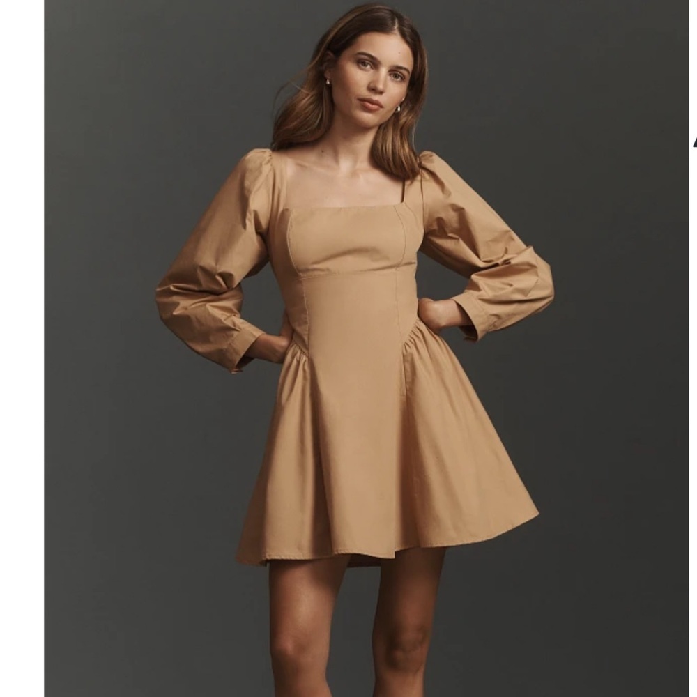 Anthropologie Square-Neck Puff-Sleeve Mini Dress in Camel